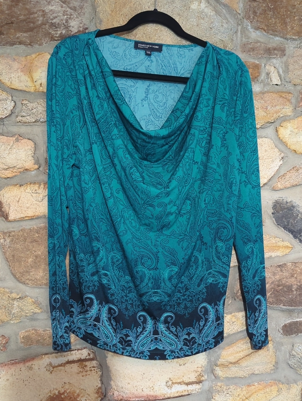 Jones New York Teal Paisley Drape-Neck Long Sleeve Sweater